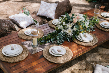 Decorated table for wedding dinner.