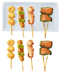 水彩の焼き鳥イラスト正面・塗りのみ