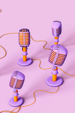 Vintage Microphone in different positions on violet background