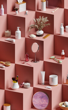 Body and skin care cosmetics on abstract background