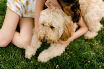 tween girl lying down on the grass with her dog