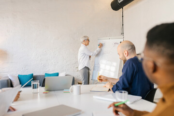 Senior businesswoman using flipchart for presentation in conference room.  
