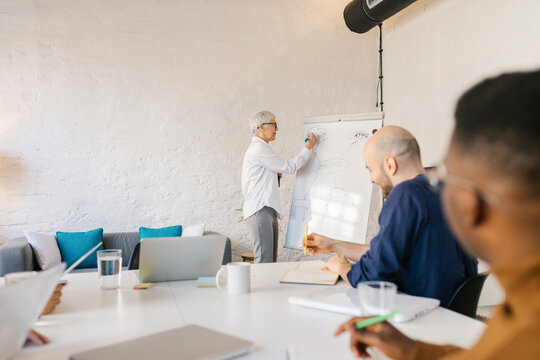 Senior businesswoman using flipchart for presentation in conference room.  