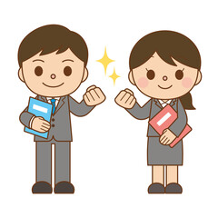 ガッツポーズのビジネスマンとOL