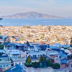 San Francisco city view, Lyon Street Steps, San Francisco bay, California, victorian architecture,...