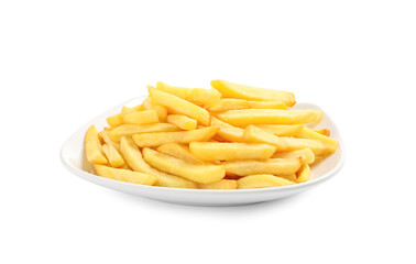 Yummy golden French fries on white background