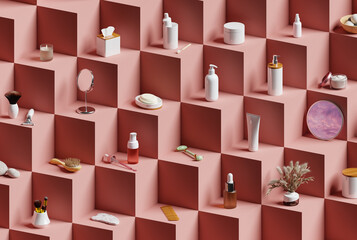 Body and skin care cosmetics on abstract background