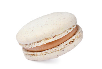 Beige macaron isolated on white. Delicious dessert