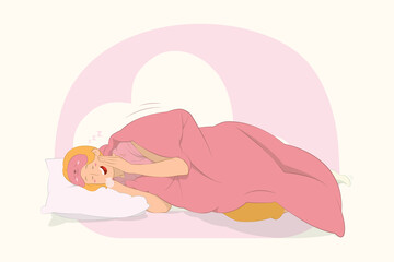 Young sleeping girl lying lies wrap covered under blanket duvet on pillow yawning concept