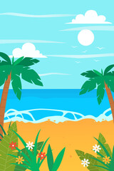 Summertime on the beach with palm trees