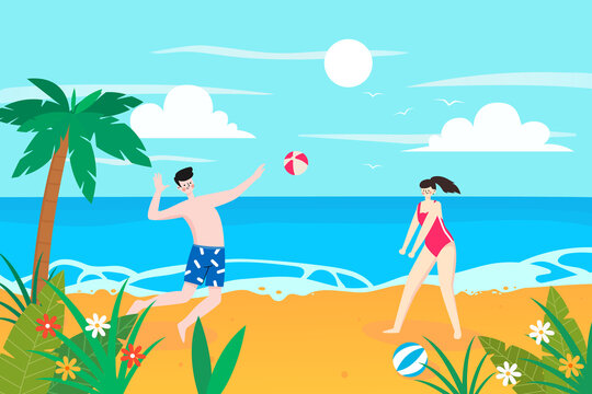 Beautiful young woman and man playing ball on the beach