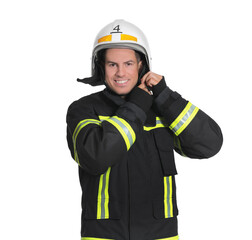 Portrait of firefighter in uniform wearing helmet on white background