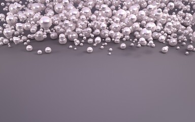 Pink pearls in a horizontal scattering on a chocolate background. An empty space under the text. 3d illustration