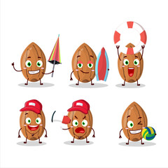 Happy Face almond cartoon character playing on a beach