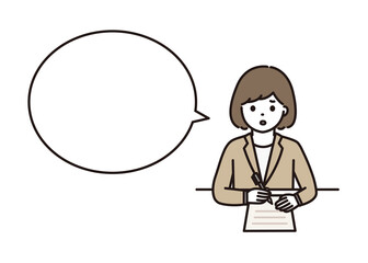 困った顔で記入をするビジネスウーマン 吹き出し
