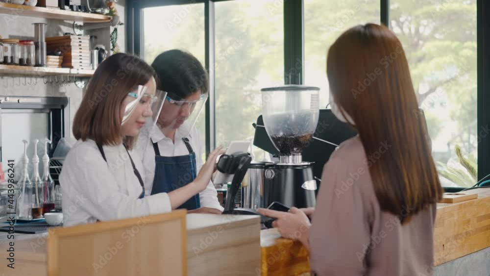 Poster qr code payment, customer woman using digital smartphone application scanning qr code payment withou
