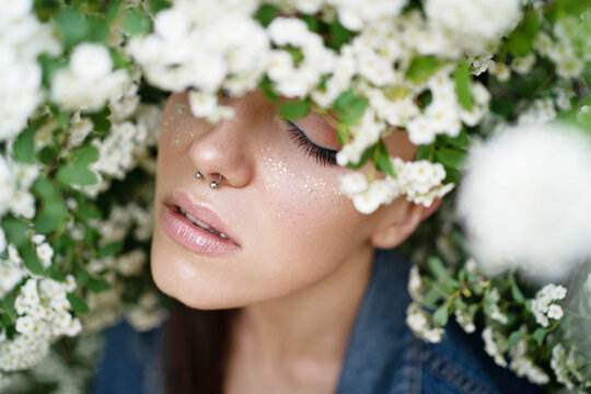 Portrait of beautiful woman with bright makeup 