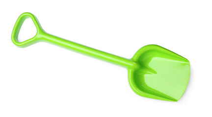 Green plastic toy shovel isolated on white, top view