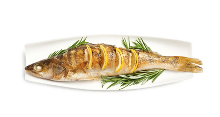 Tasty homemade roasted pike perch with rosemary on white background, top view. River fish