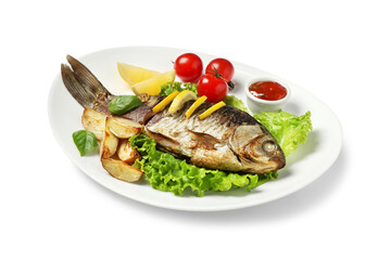 Tasty homemade roasted crucian carp with garnish on white background. River fish