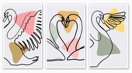 kset of minimal couple of swans abstract childish hand drawing continuous lines face  for posters, hanging wall, wallpaper, texture, banner, label, card etc. modern hipster style vector design.