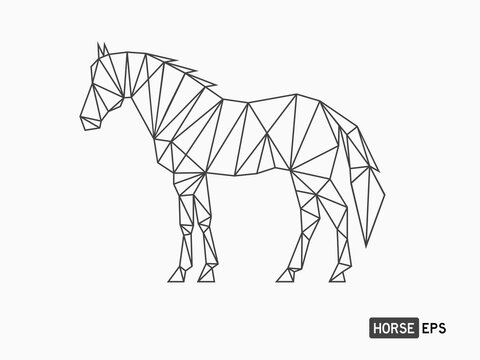 Isolated Polygon Style Of Horse Figure  Black Outline Simple Linear For Background, Icons, Logo, Banner, Label Etc. Flat Vector Design. 