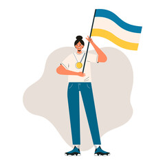 Happy woman holding golden medal and celebrating victory. Female character success, girl is competition winner, champion or leader concept, sports triumph. Flat vector cartoon isolated illustration