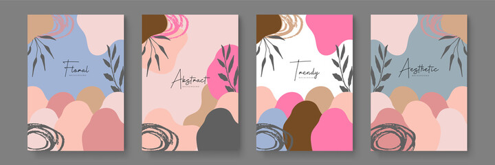 Set of abstract leaf floral boho creative universal artistic templates. Abstract trendy art card. Good for poster, card, invitation, flyer, cover, banner, placard, brochure and other graphic design