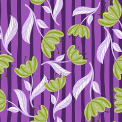 Decorative green random poppy flowers print seamless pattern. Purple striped background. Doodle style.