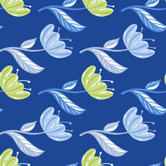 Fototapeta na wymiar Blossom seamless pattern with green and blue tulip flowers creative silhouettes. Bright navy blue background.