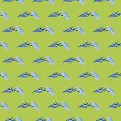 Blue simple field flowers elements seamless doodle pattern. Green background. Summer ornament.