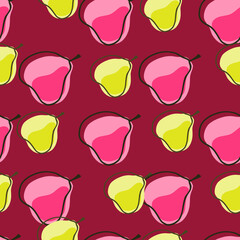 Vegeterian seamless pattern with bright yellow and pink contoured pears ornament. Hand drawn fruit artwork.