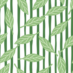 Random green little simple leaves silhouettes seamless pattern. Green and white striped background.