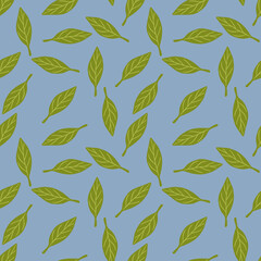 Decorative seamless pattern with random little green leaves simple ornament. Blue pastel background.