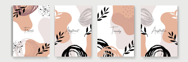 Set of abstract leaf floral boho creative universal artistic templates. Abstract trendy art card. Good for poster, card, invitation, flyer, cover, banner, placard, brochure and other graphic design