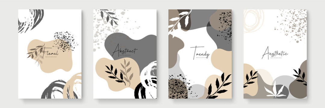 Set of abstract leaf floral boho creative universal artistic templates. Abstract trendy art card. Good for poster, card, invitation, flyer, cover, banner, placard, brochure and other graphic design