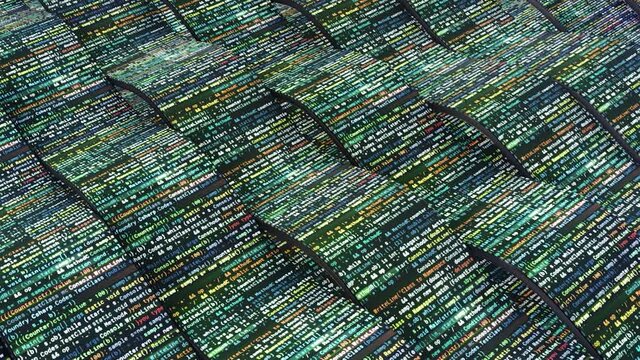 Moving wavy layers. Animation. Beautiful 3d lines move parallel to each other. Three-dimensional dense tapes move in paths in cyberspace. Wavy paths in cyberspace