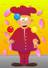 Fat male cartoon chef in uniform as a juggler. Vector illustration. Cook having fun.