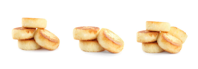 Set with delicious cottage cheese pancakes on white background. Banner design