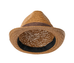 Stylish straw hat isolated on white. Fashionable accessory