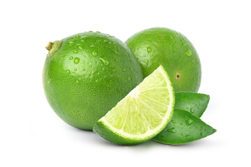Natural  fresh lime with sliced and water droplets  isolated on white background.