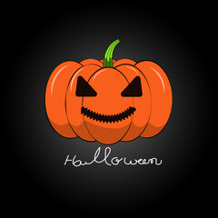 Orange Pumpkin with face scary with text on Black Background.main symbol of Halloween holiday.Design for Happy Halloween banner and card.Vector illustration.
