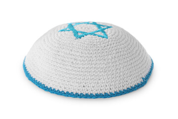 Kippah with Star of David isolated on white. Rosh Hashanah holiday symbol - obrazy, fototapety, plakaty