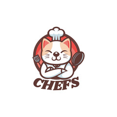 Vector Logo Illustration Chef Cat Mascot Cartoon Style.