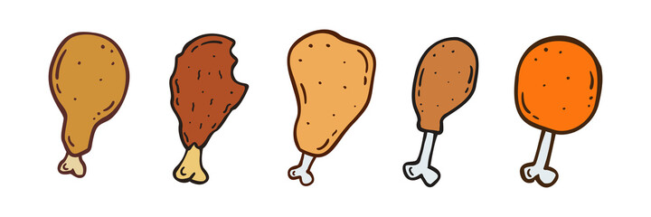Set Hand drawn Fried Chicken leg icon Design Template. Illustration vector graphic. Flat design. Fast food.Perfect for food concepts, diet infographics, icons or web design, street restaurants menu
