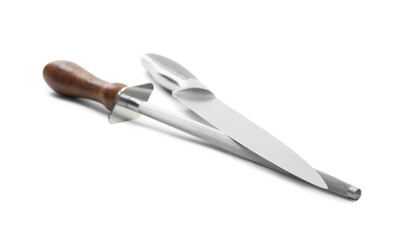 Sharpening steel and knife on white background