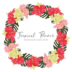 watercolor tropical hibiscus flower wreath frame © elsabenaa