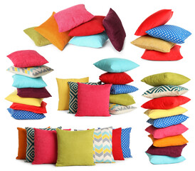 Set with different colorful soft pillows on white background