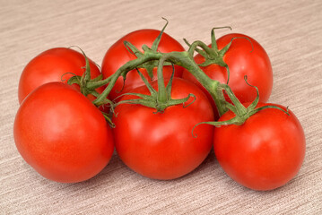 Branch with fresh ripe tomatoes on the rustic wooden table