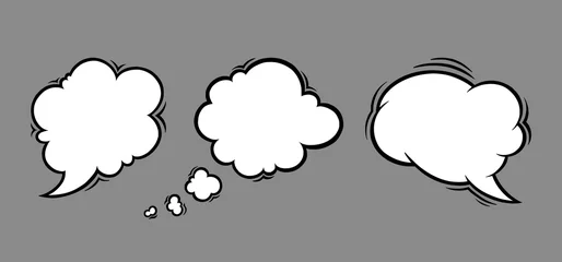 Keuken spatwand met foto Cloud speech bubbles in comic style. Speech bubble for messages isolated in grey background. Handdrawn vector illustration © liu_miu